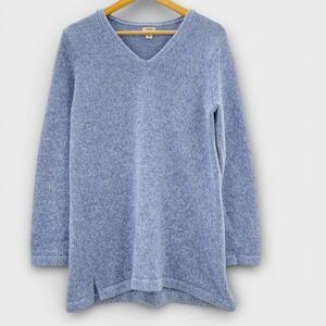 L.L.Bean Womens L Blue 100% Cotton V Neck Knit Sweater Tunic New England Stapel